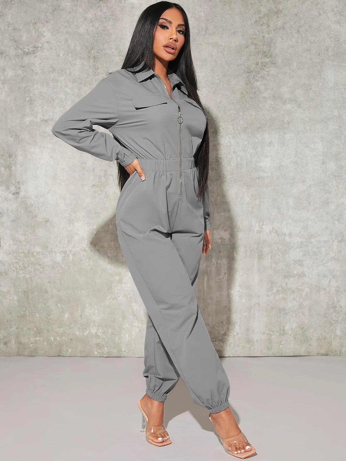 Flap Pocket Elastic Waist Shirt Jumpsuit-Comfy Jumpsuits