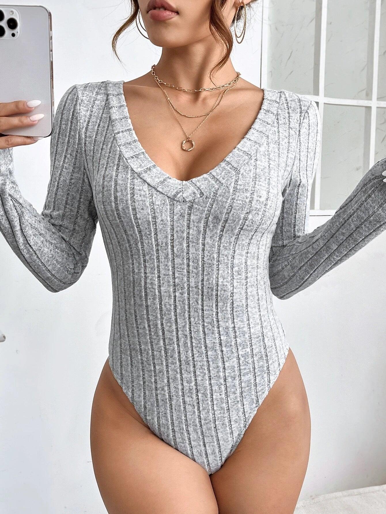Neck Ribbed Knit Bodysuit-Comfy Jumpsuits