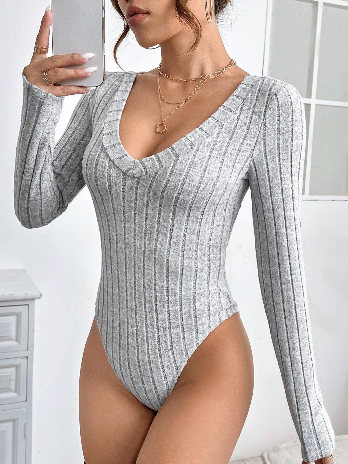 Neck Ribbed Knit Bodysuit-Comfy Jumpsuits