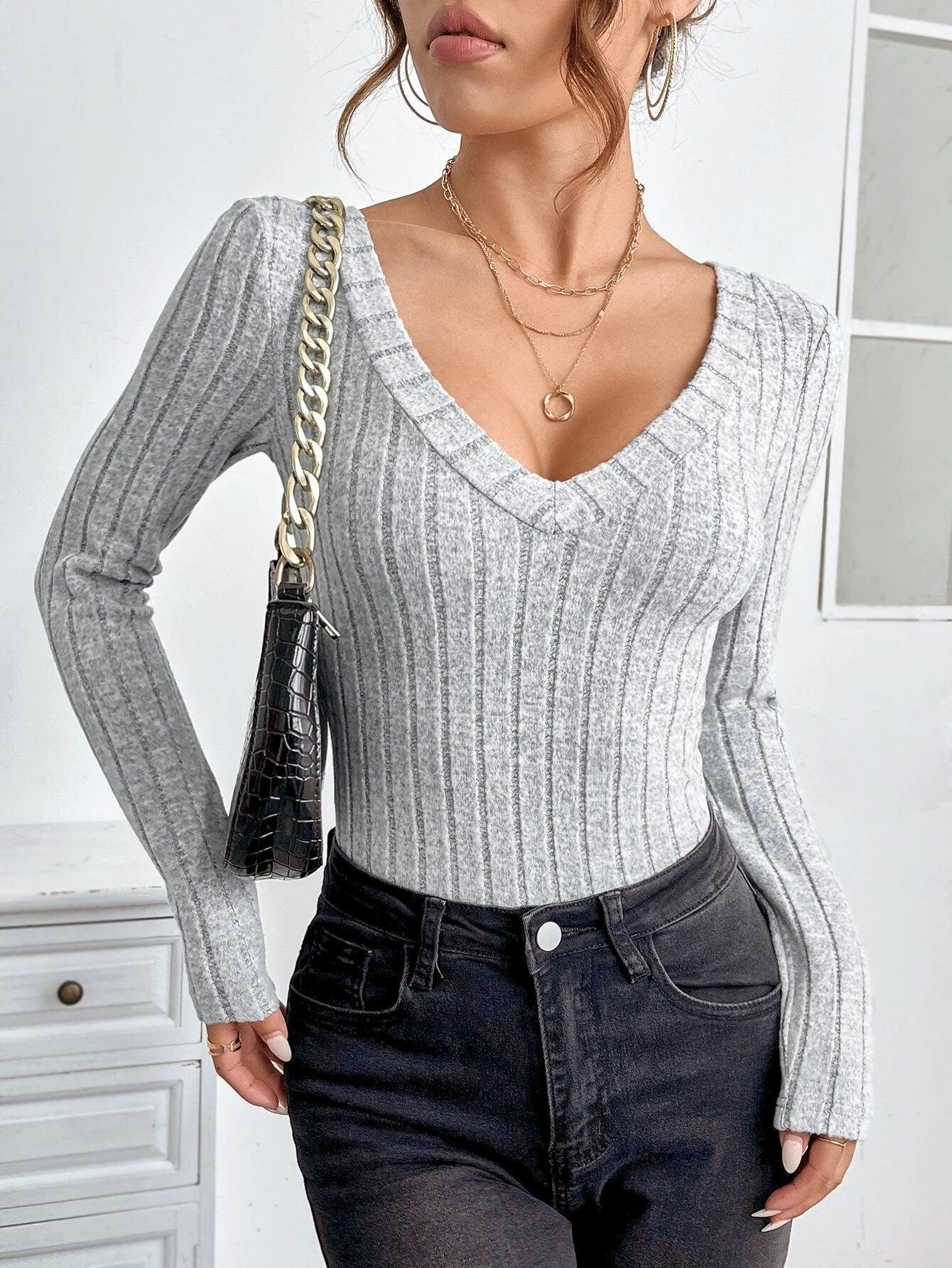 Neck Ribbed Knit Bodysuit-Comfy Jumpsuits