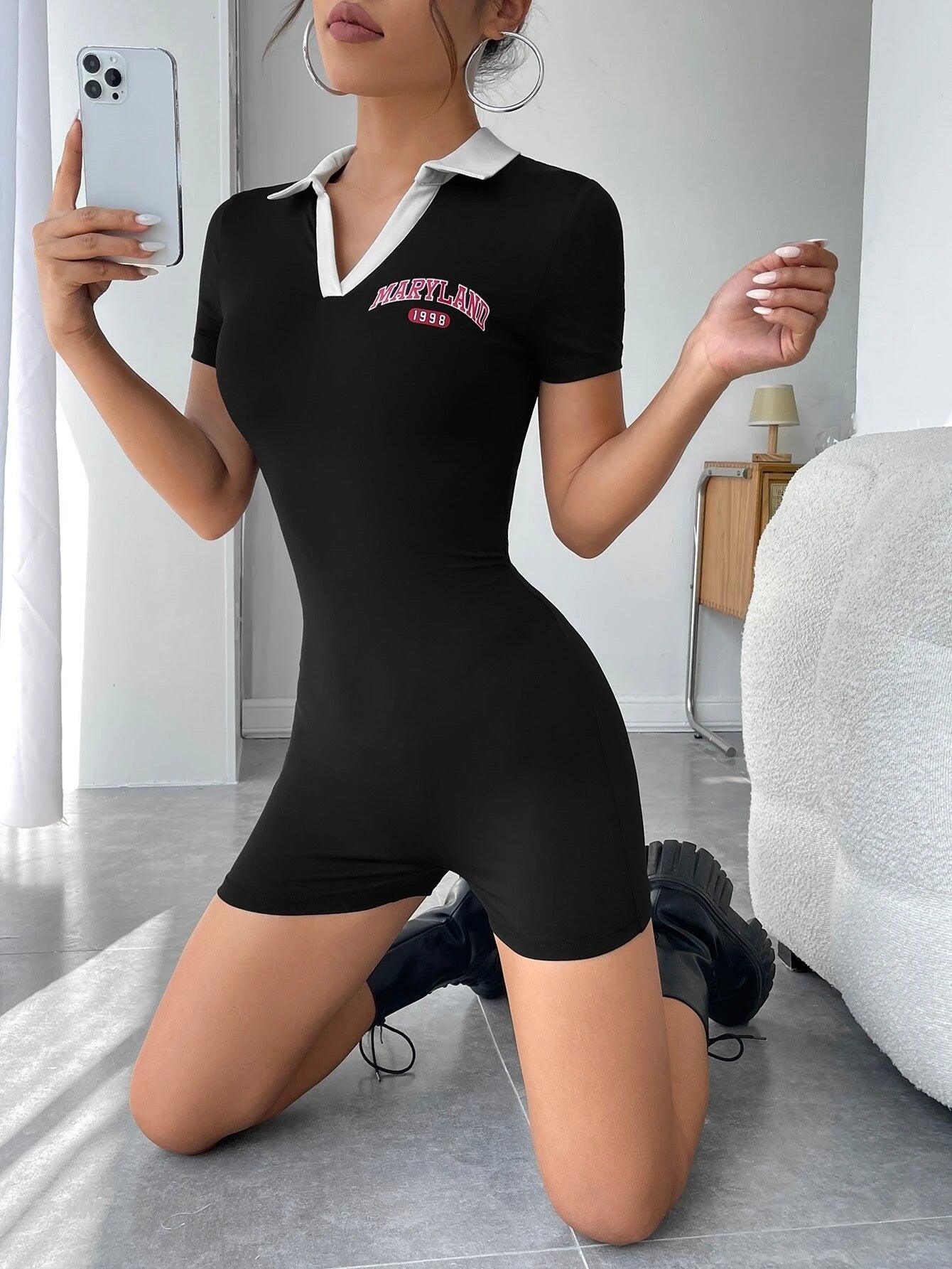 Graphic Collar Unitard Romper-Comfy Jumpsuits