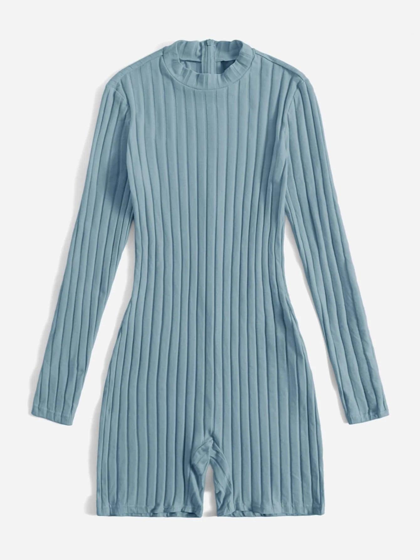 Mock Neck Ribbed Knit Romper-Comfy Jumpsuits