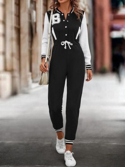 Letter Graphic Contrast Striped Drawstring Waist Jumpsuit-Comfy Jumpsuits