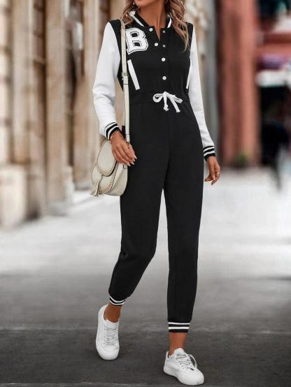 Letter Graphic Contrast Striped Drawstring Waist Jumpsuit-Comfy Jumpsuits
