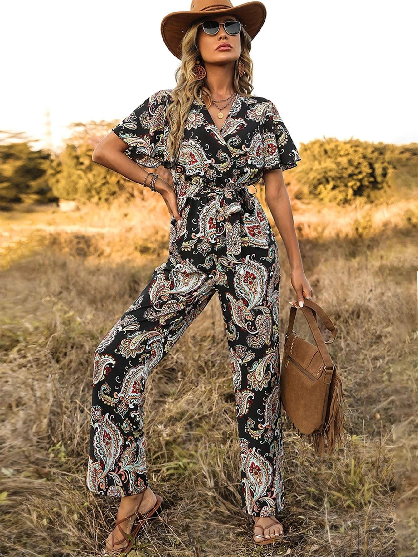 Print Butterfly Sleeve Belted Jumpsuit-Comfy Jumpsuits