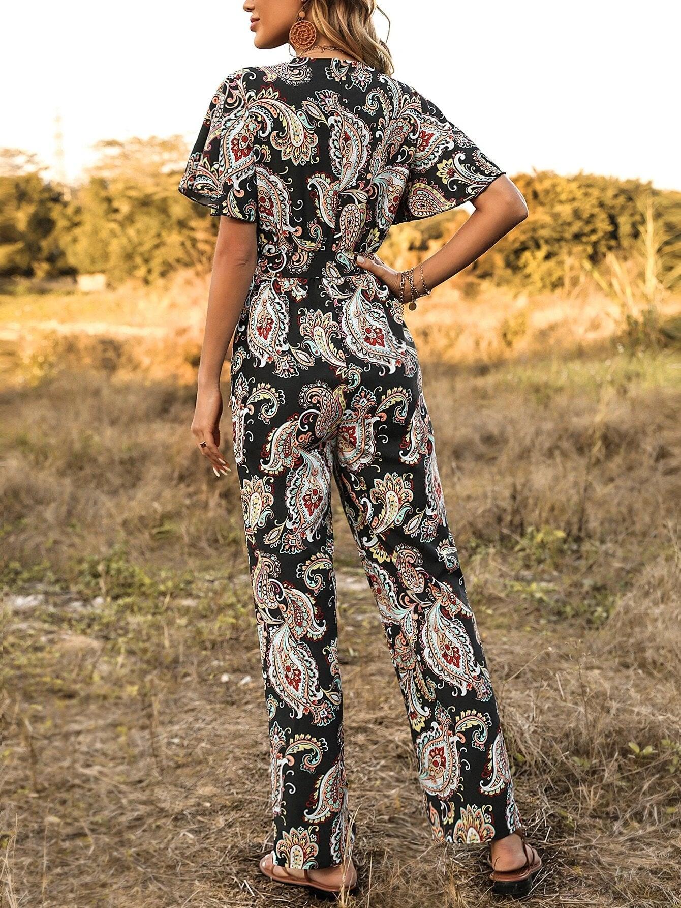 Print Butterfly Sleeve Belted Jumpsuit-Comfy Jumpsuits