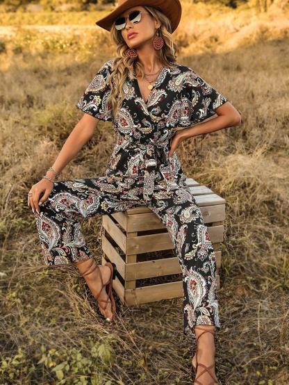 Print Butterfly Sleeve Belted Jumpsuit-Comfy Jumpsuits