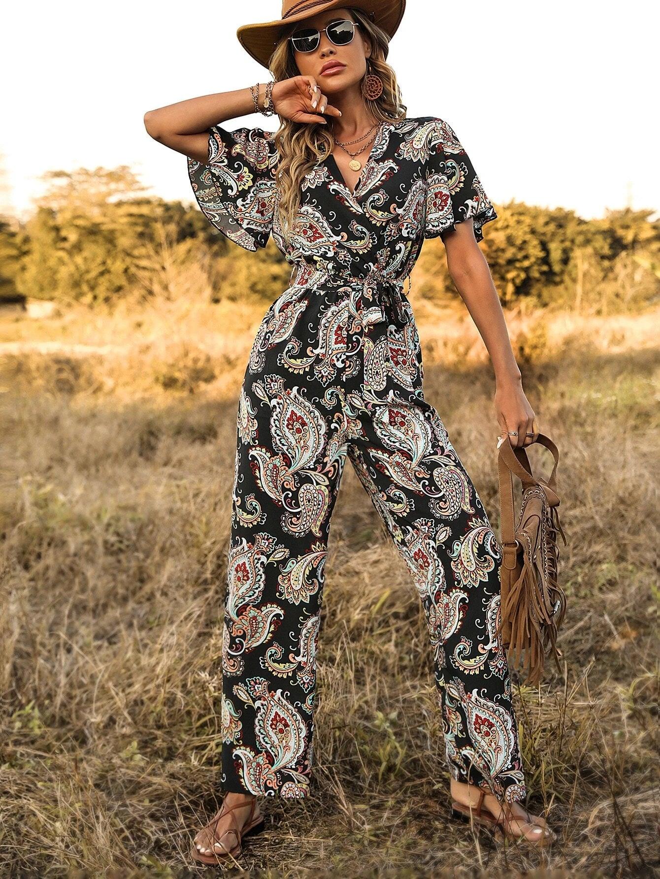 Print Butterfly Sleeve Belted Jumpsuit-Comfy Jumpsuits