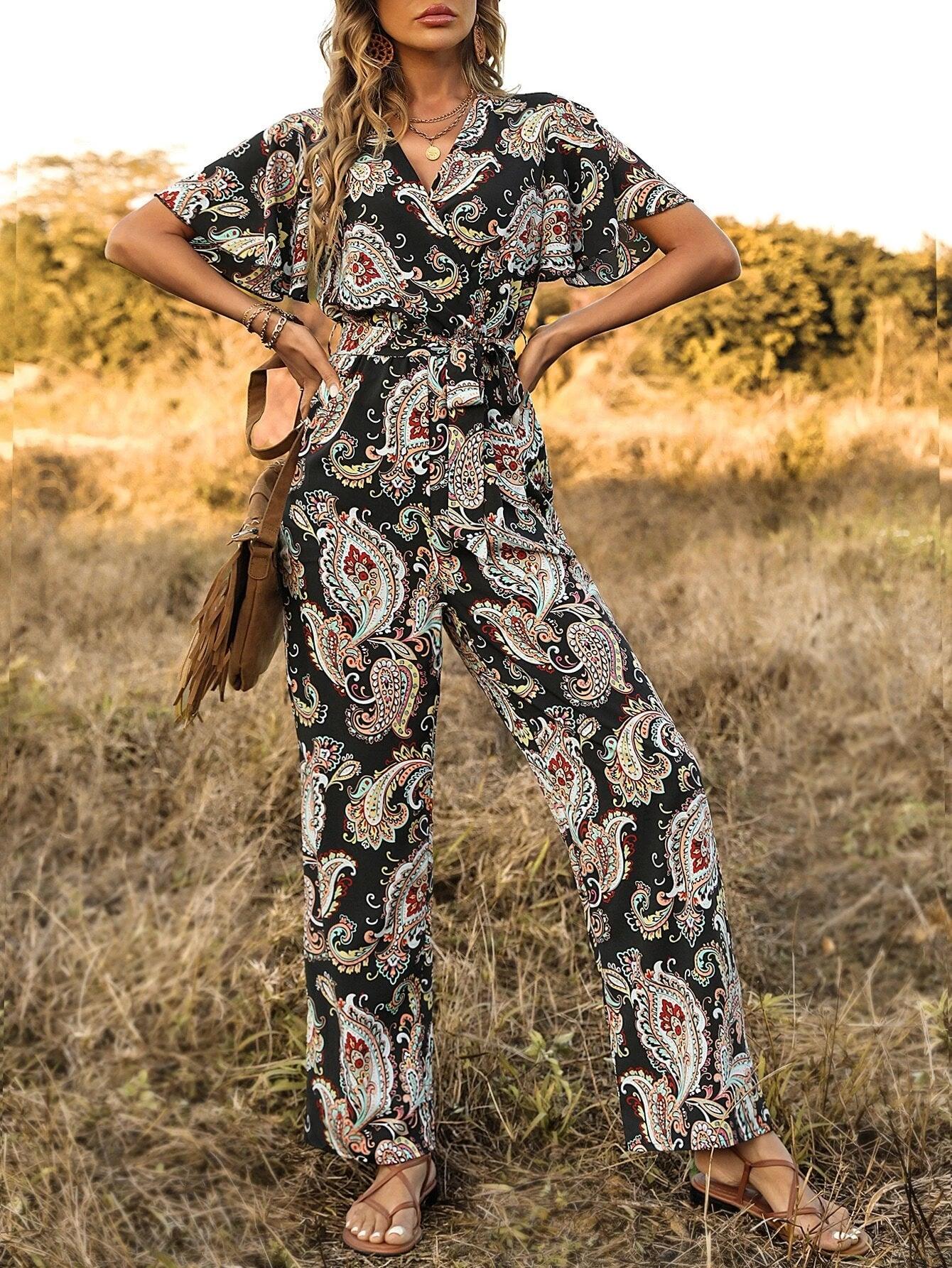 Print Butterfly Sleeve Belted Jumpsuit-Comfy Jumpsuits