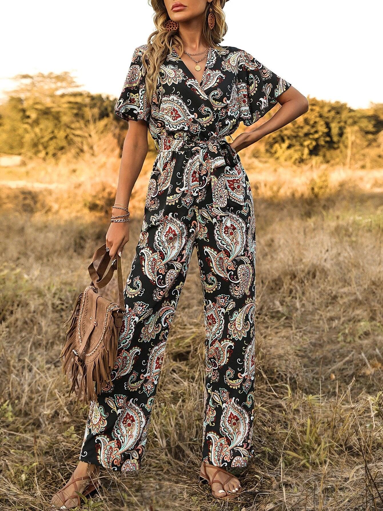 Print Butterfly Sleeve Belted Jumpsuit-Comfy Jumpsuits