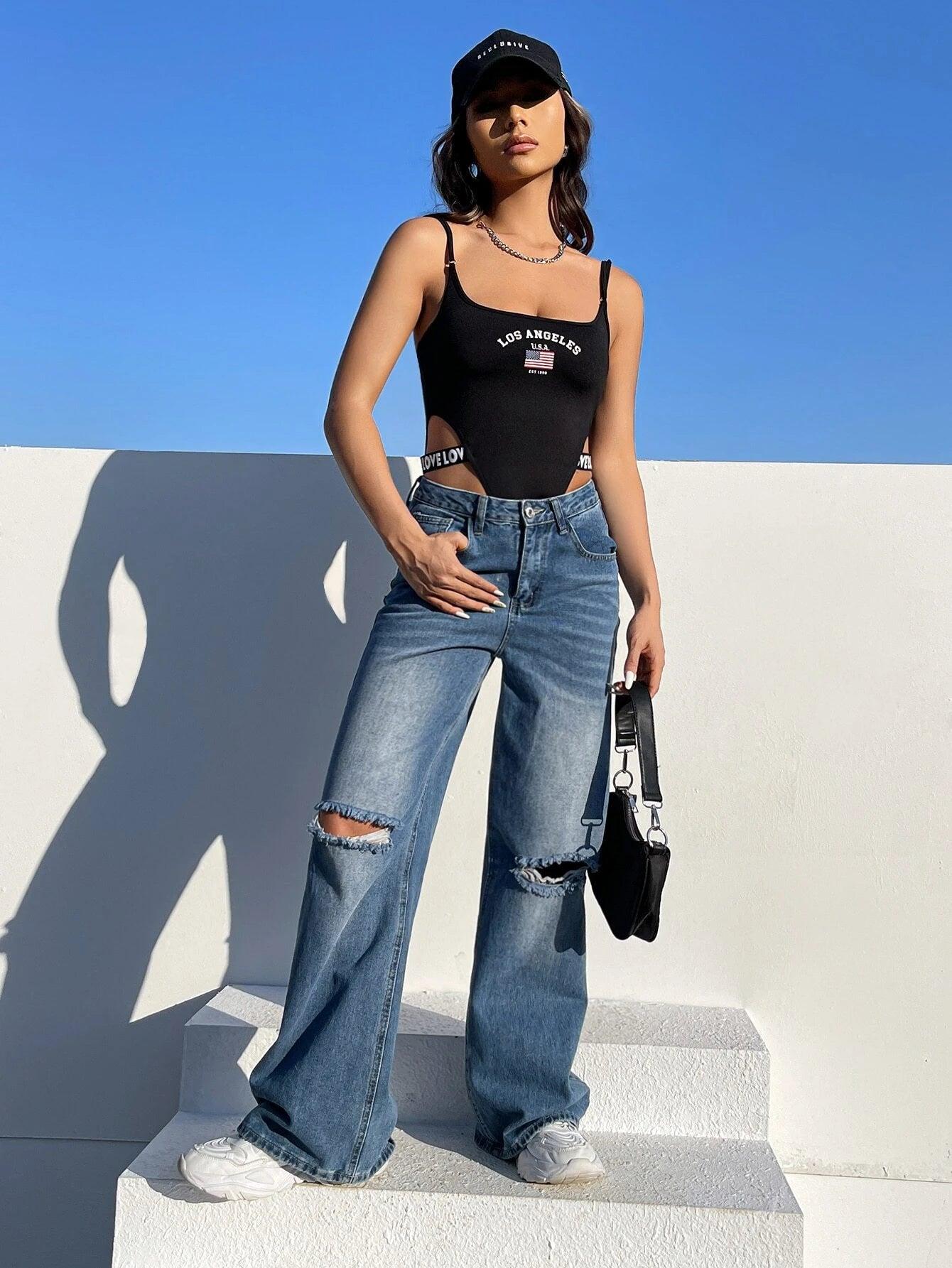 Flag & Letter Graphic Cut Out Cami Bodysuit-Comfy Jumpsuits