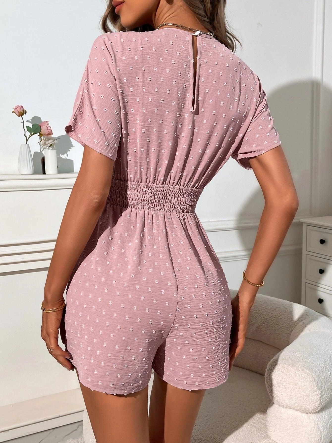 Swiss Dot Shirred Plunging Neck Batwing Sleeve Romper-Comfy Jumpsuits