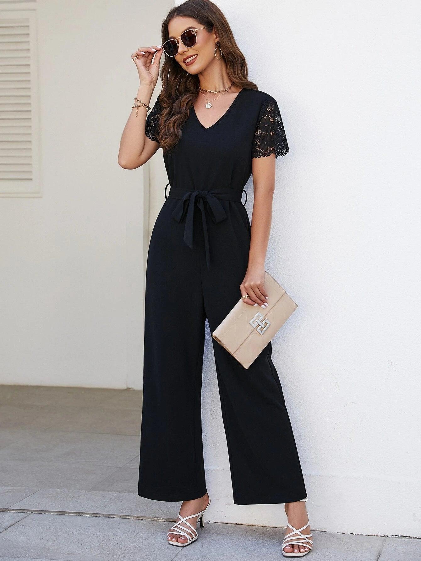 Contrast Lace Short Sleeved Jumpsuit-Comfy Jumpsuits