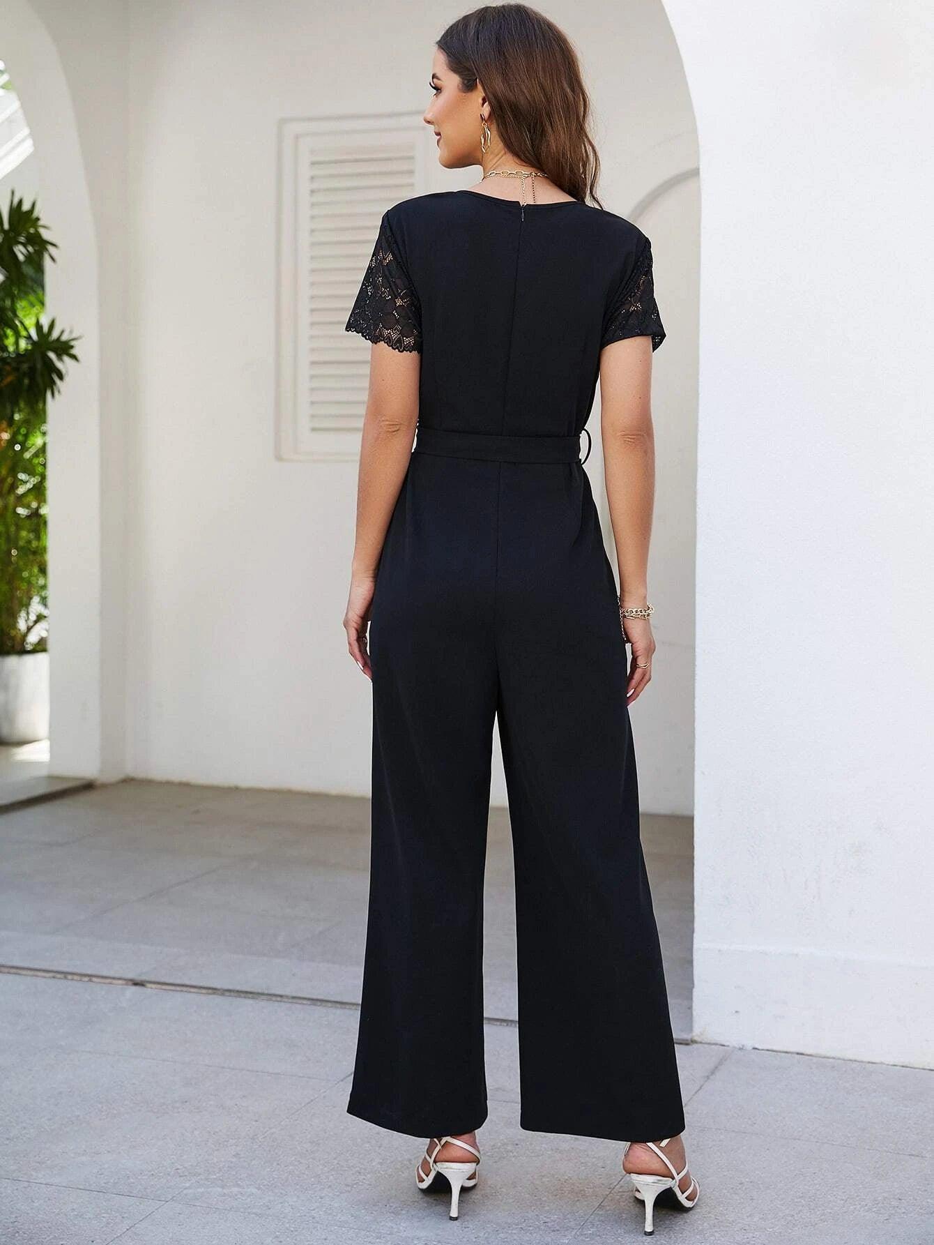 Contrast Lace Short Sleeved Jumpsuit-Comfy Jumpsuits