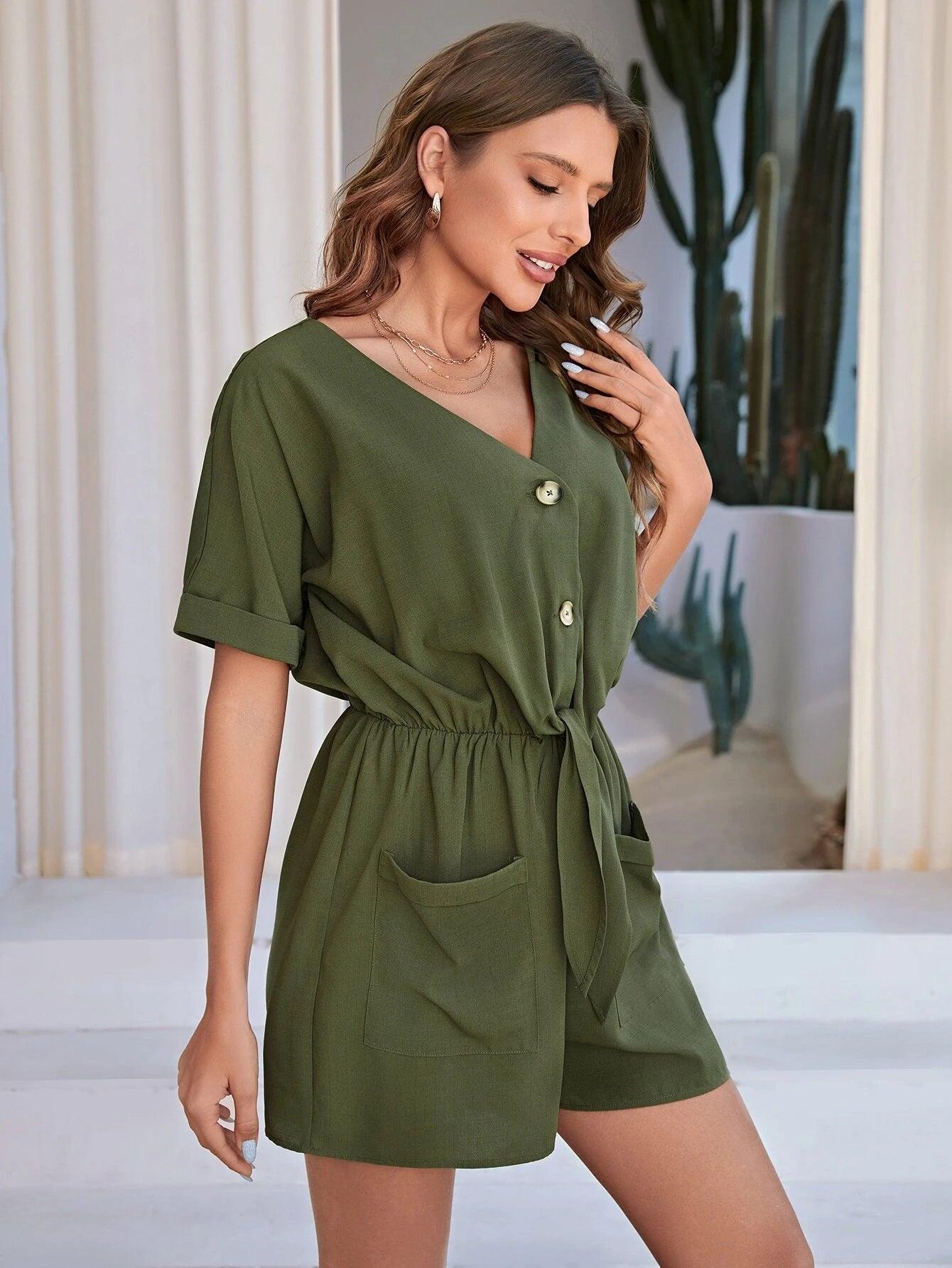 Roll Up Sleeves Dual Pocket Romper-Comfy Jumpsuits