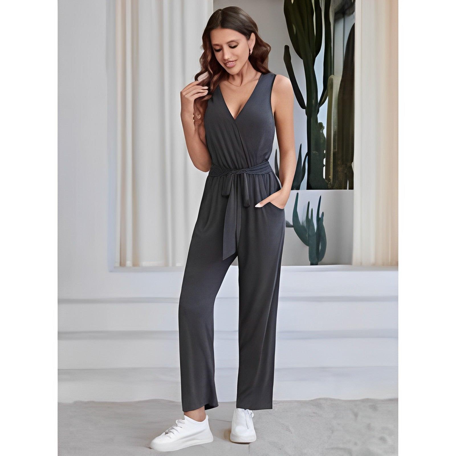 Surplice Neck Belted Tank Jumpsuit-Comfy Jumpsuits