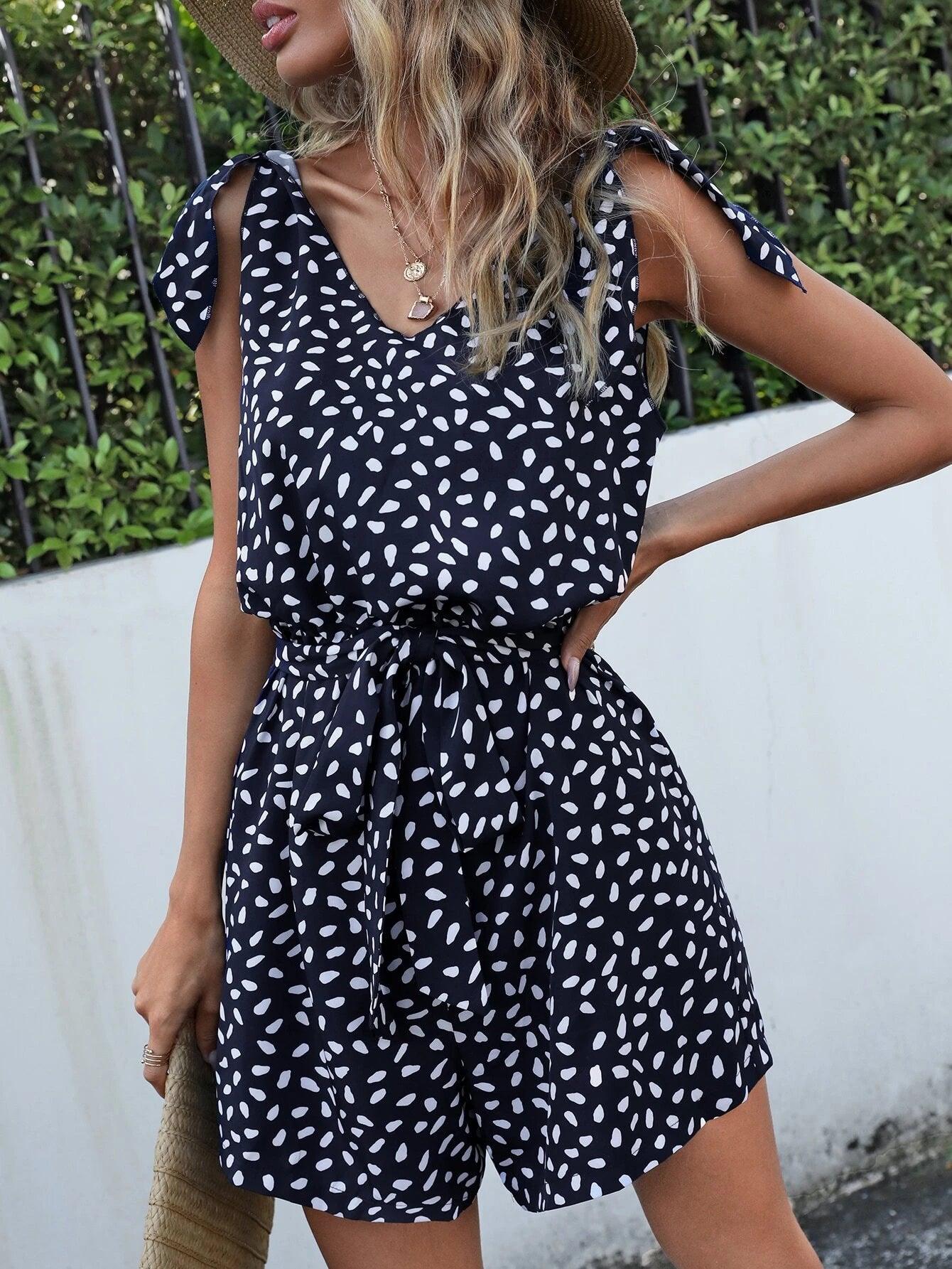 Dalmatian Print Tie Shoulder Romper-Comfy Jumpsuits