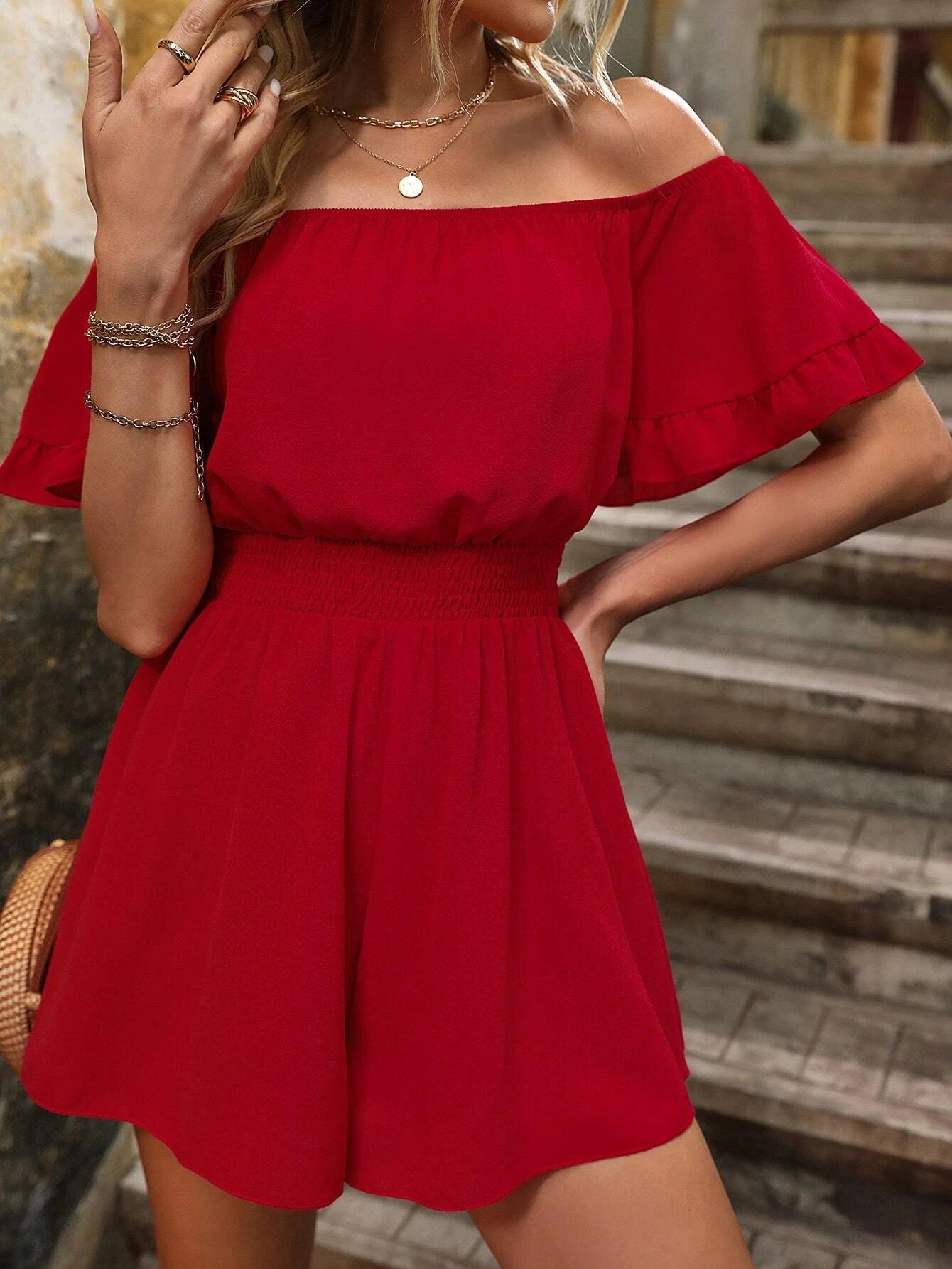 Off Shoulder Flounce Sleeve Romper-Comfy Jumpsuits