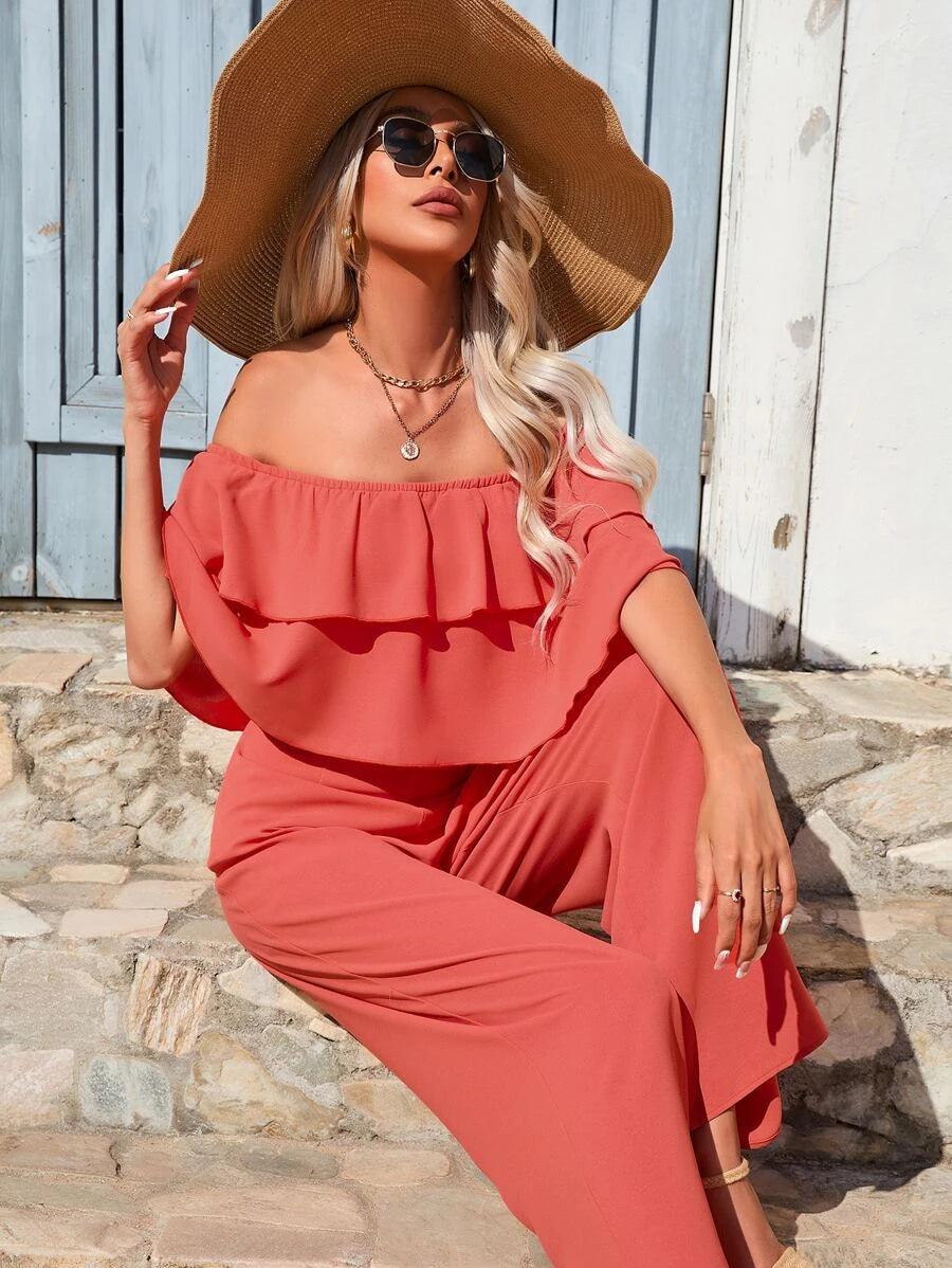 Off Shoulder Ruffle Trim Wide Leg Jumpsuit-Comfy Jumpsuits