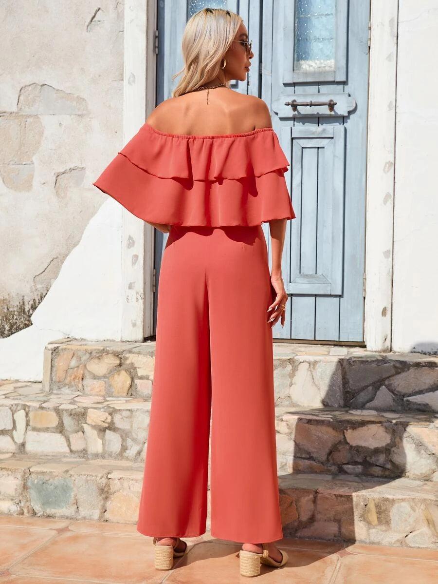 Off Shoulder Ruffle Trim Wide Leg Jumpsuit-Comfy Jumpsuits