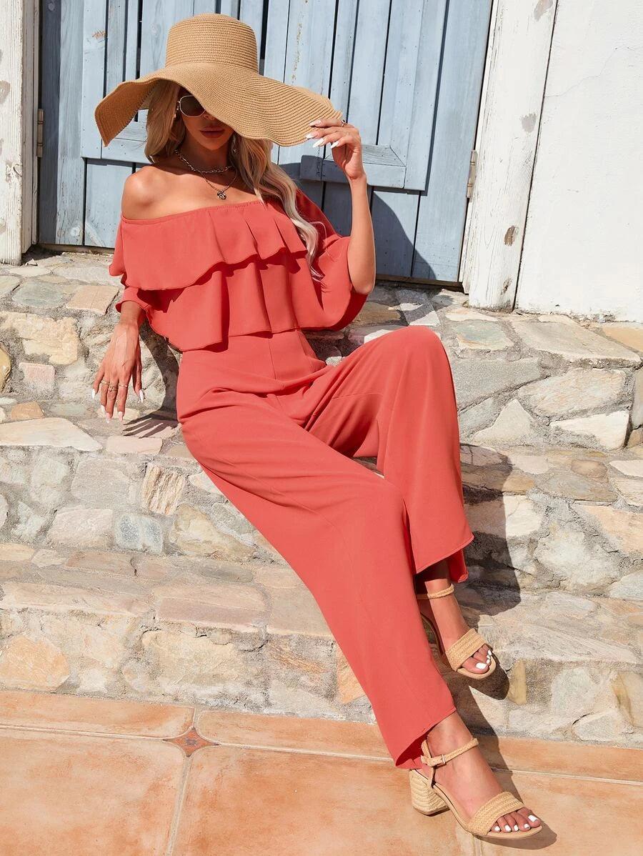 Off Shoulder Ruffle Trim Wide Leg Jumpsuit-Comfy Jumpsuits