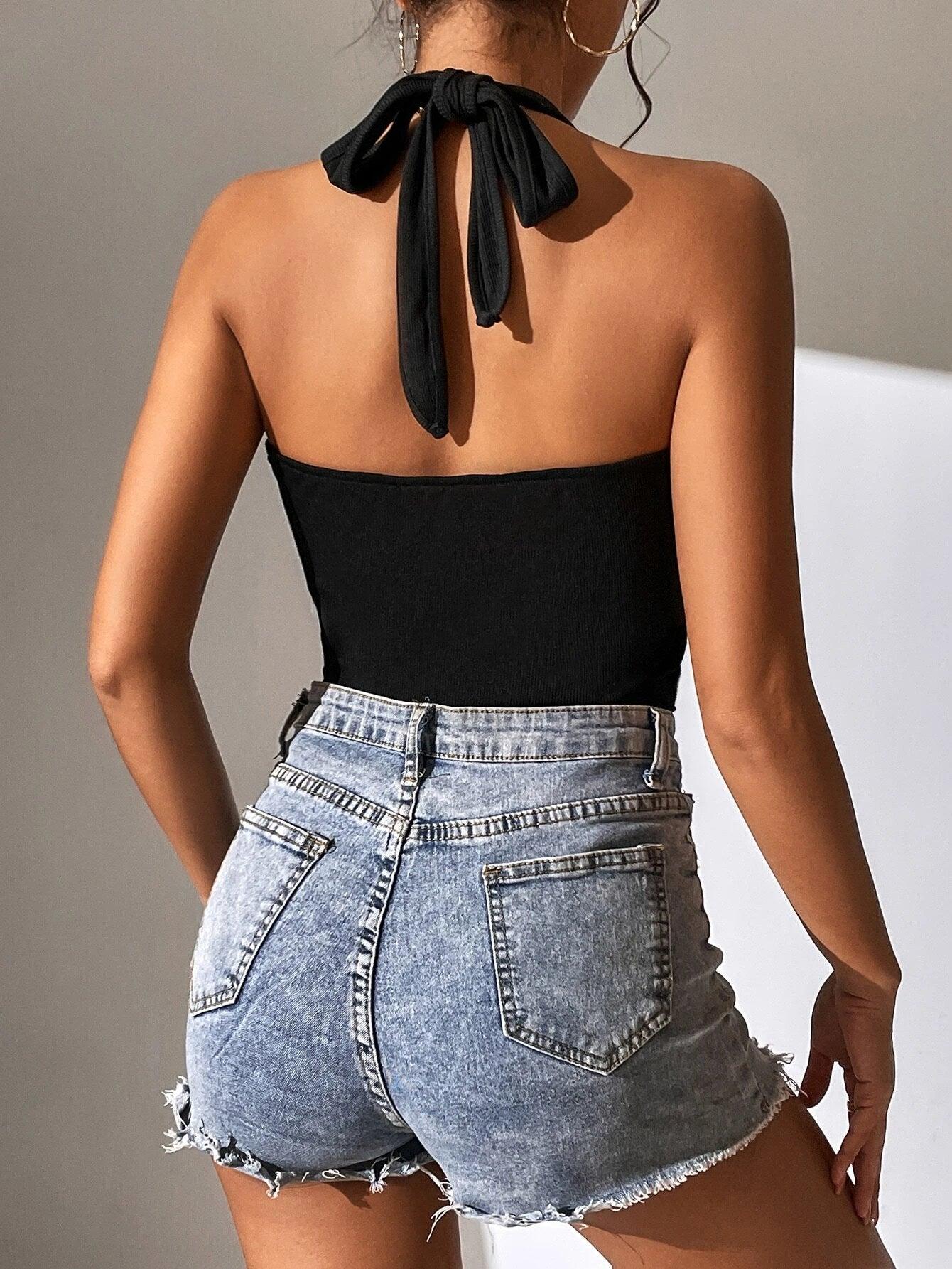 Tie Backless Halter Bodysuit-Comfy Jumpsuits