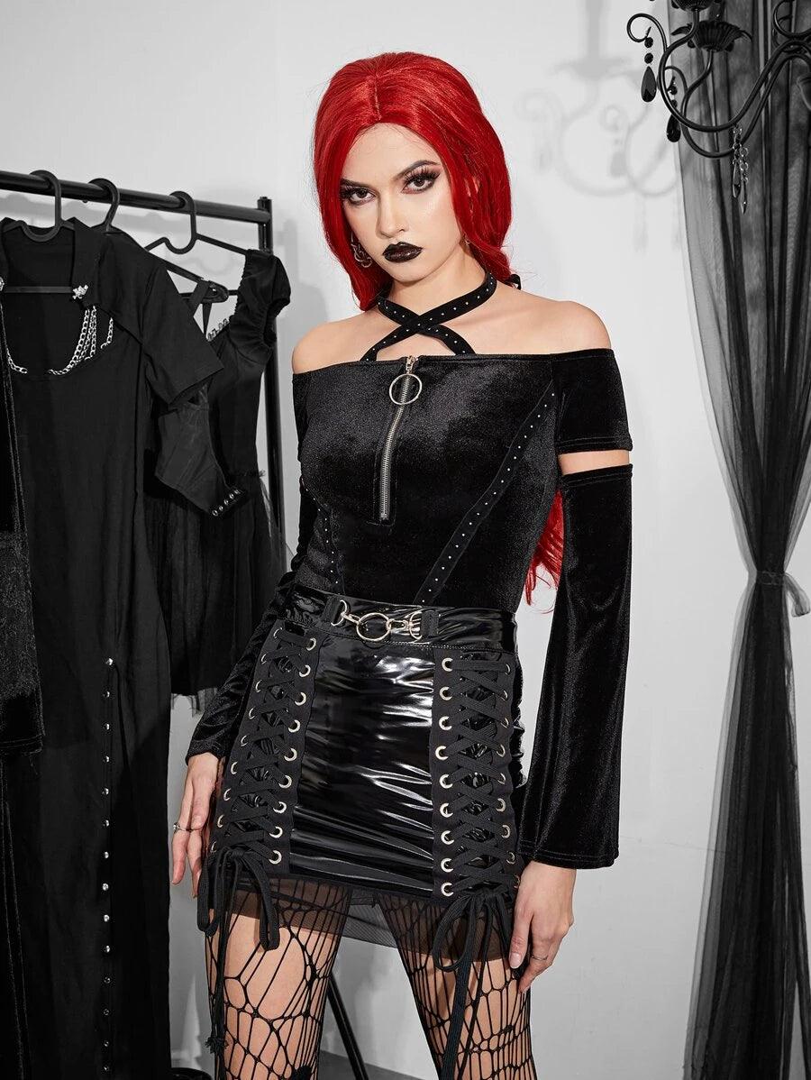 Cut Out Cold Shoulder Velvet Bodysuit-Comfy Jumpsuits