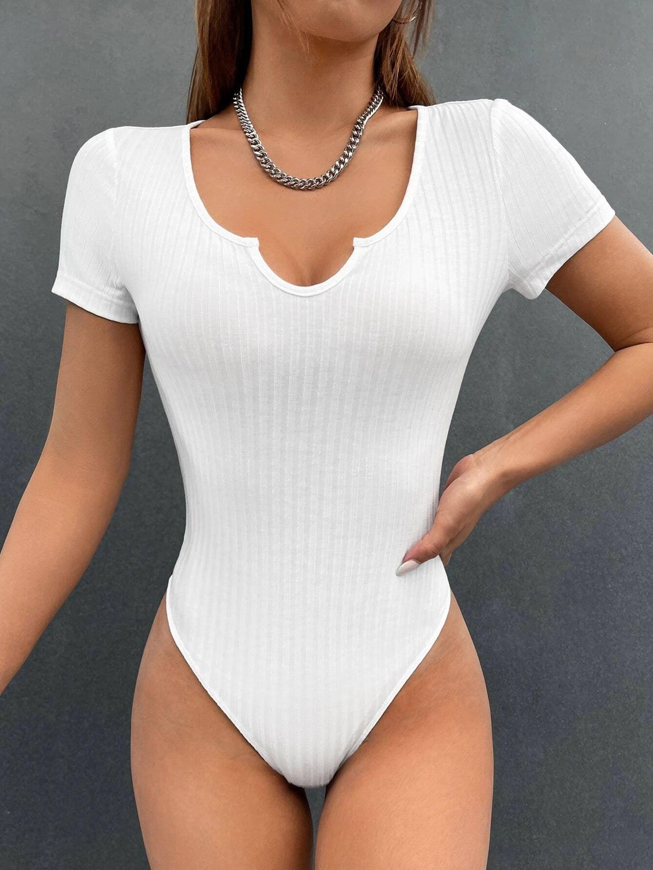 Notched Neck Ribbed Knit Bodysuit-Comfy Jumpsuits