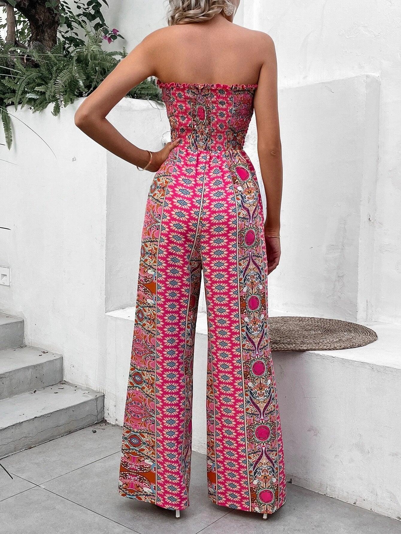 Printed Shirred Jumpsuit-Comfy Jumpsuits