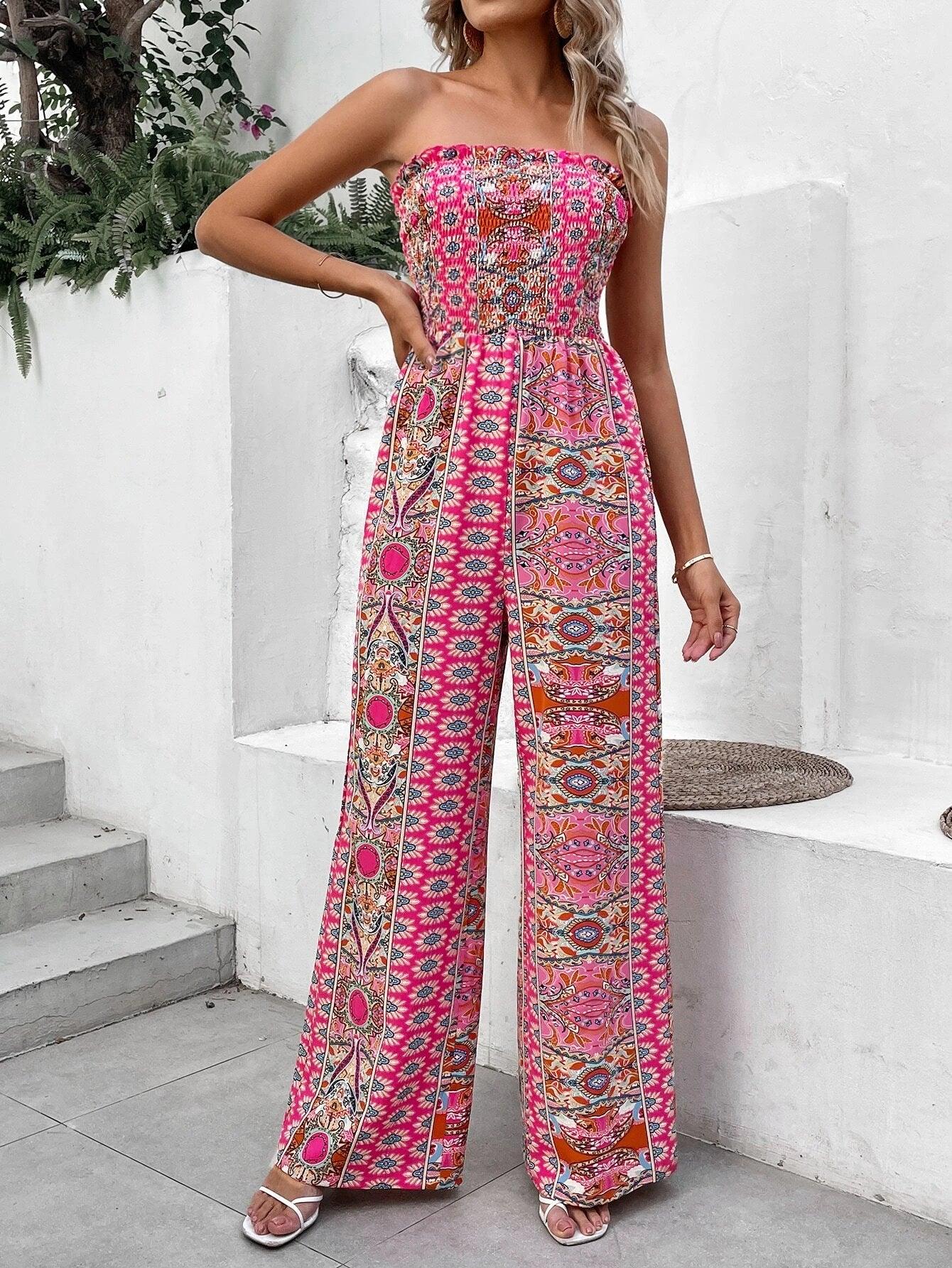 Printed Shirred Jumpsuit-Comfy Jumpsuits