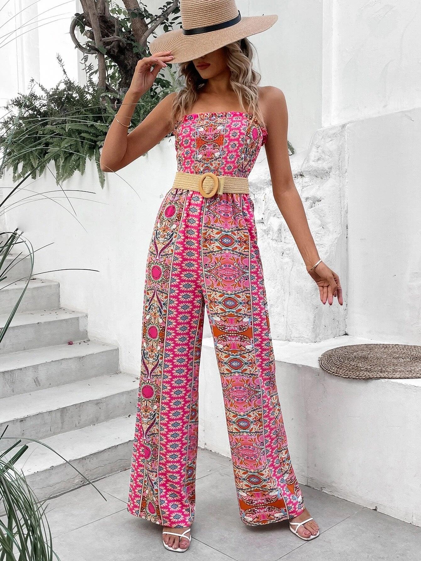 Printed Shirred Jumpsuit-Comfy Jumpsuits