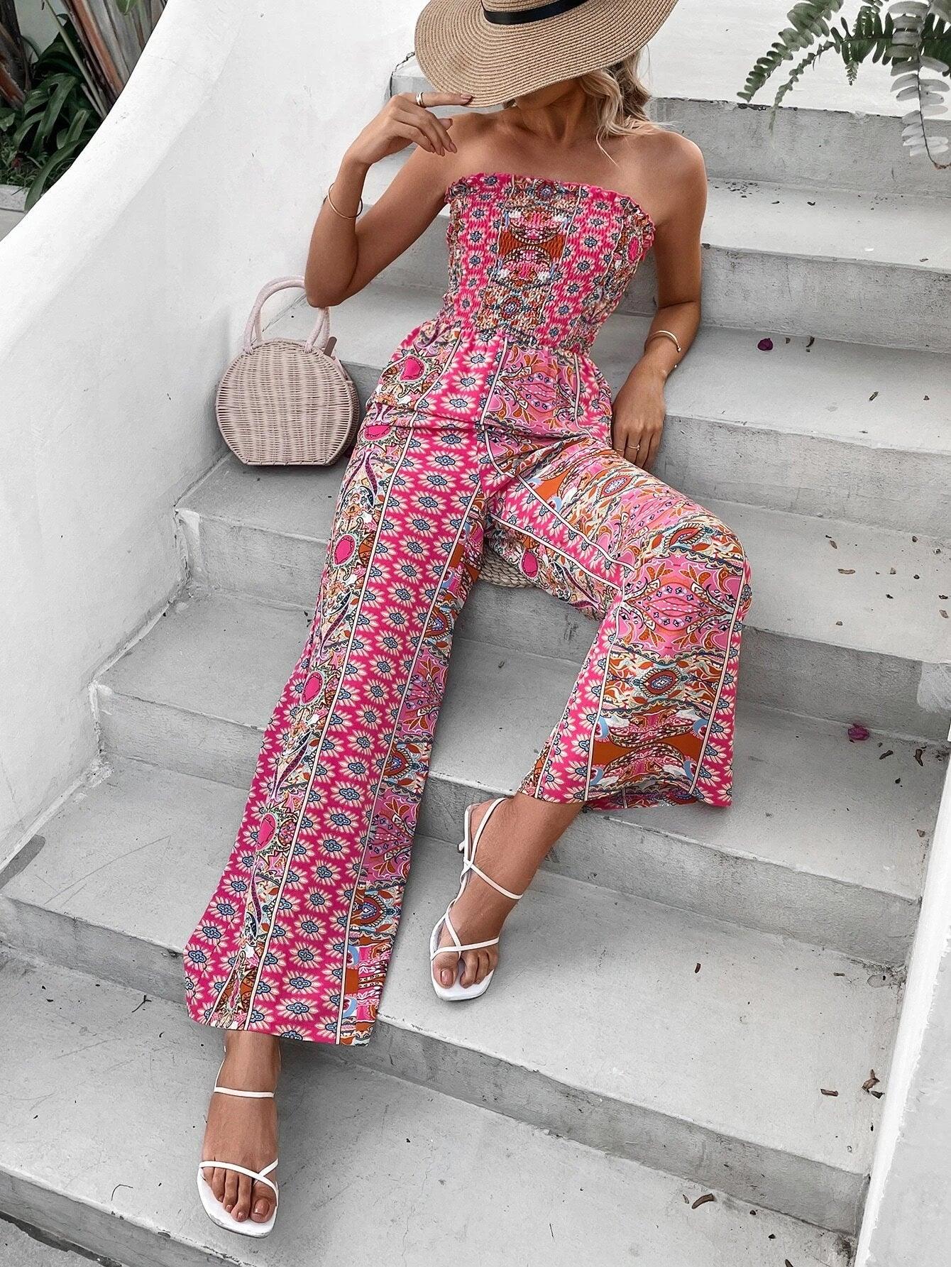 Printed Shirred Jumpsuit-Comfy Jumpsuits