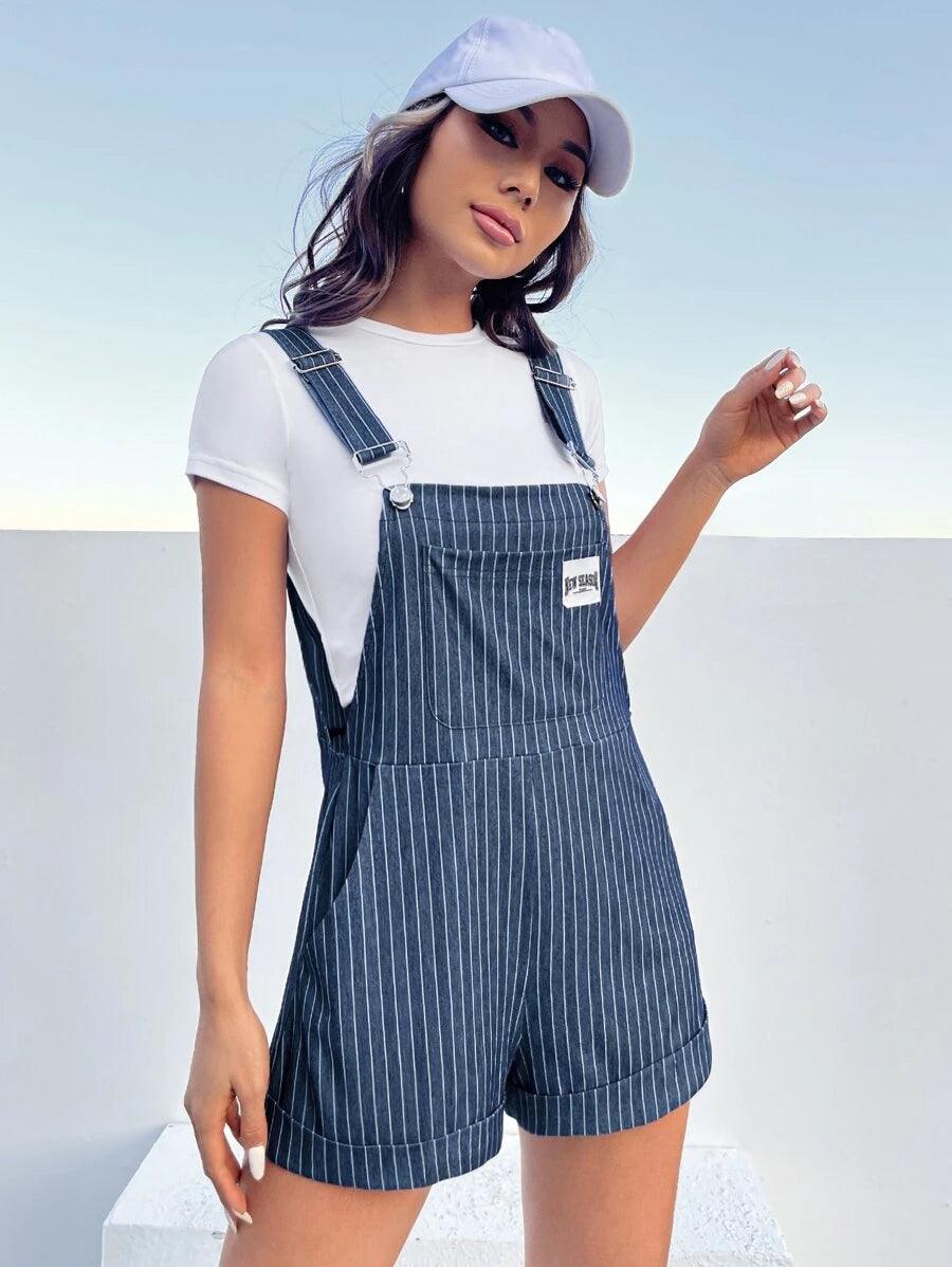 Striped Patch Detail Overall Romper Without Tee-Comfy Jumpsuits