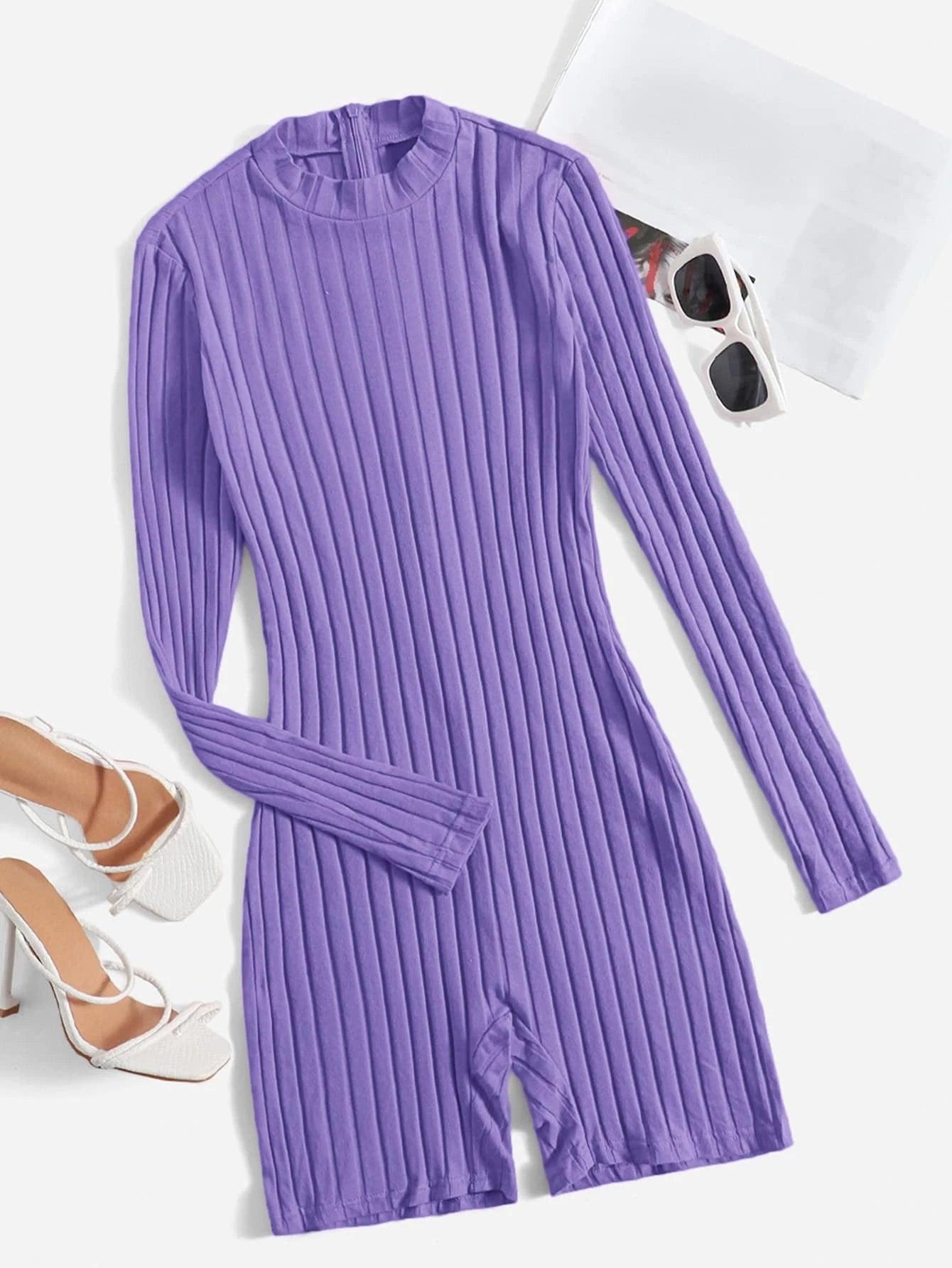 Mock Neck Ribbed Knit Romper-Comfy Jumpsuits