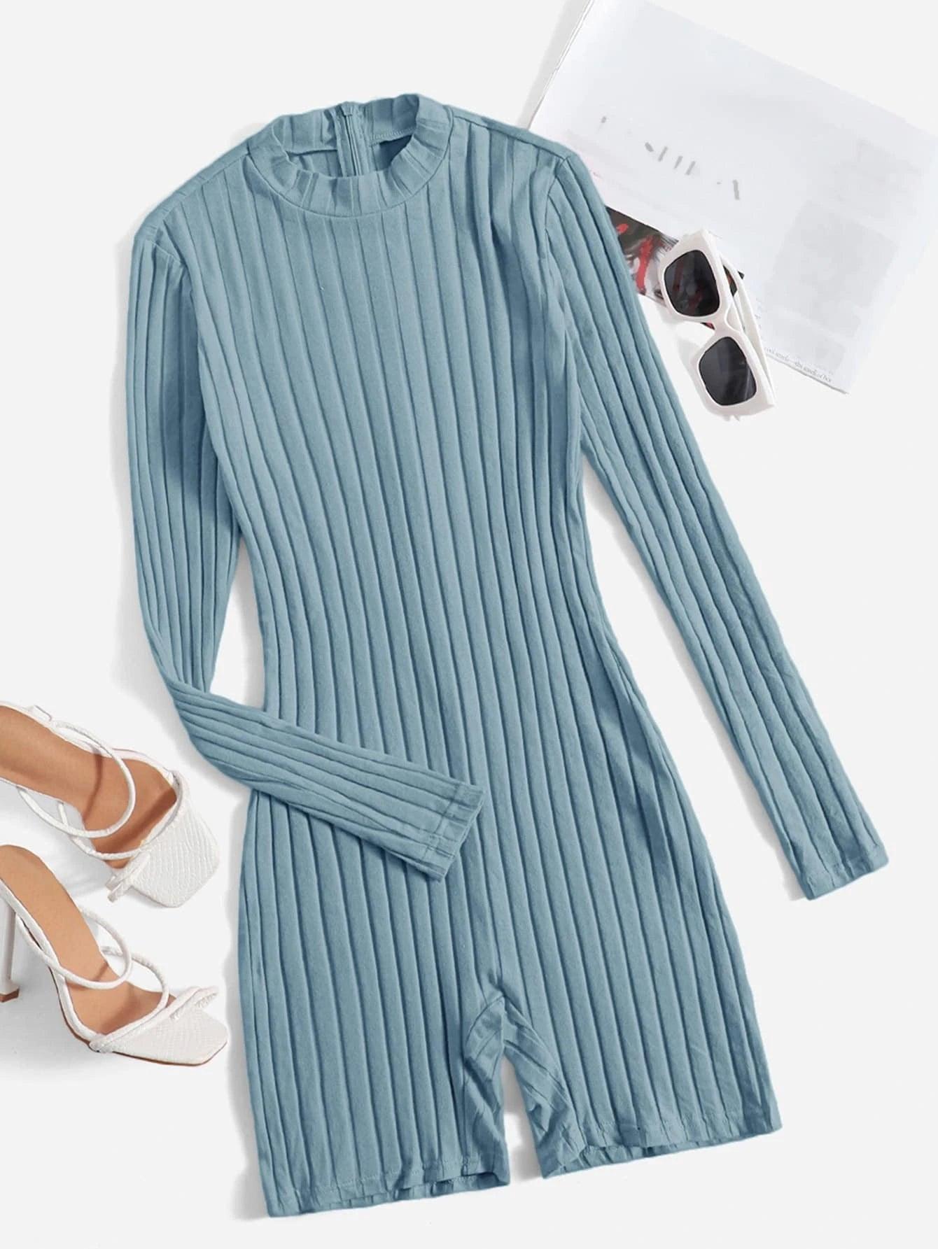 Mock Neck Ribbed Knit Romper-Comfy Jumpsuits