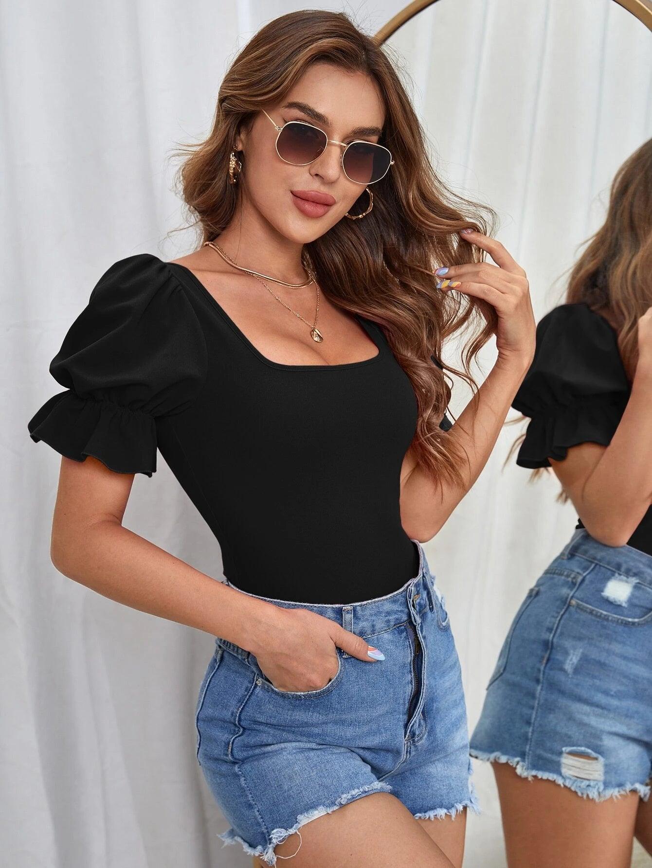Square Neck Puff Sleeve Bodysuit-Comfy Jumpsuits