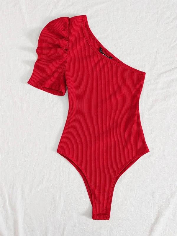 Ribbed Knit One Shoulder Puff Sleeve Plain Bodysuit-Comfy Jumpsuits