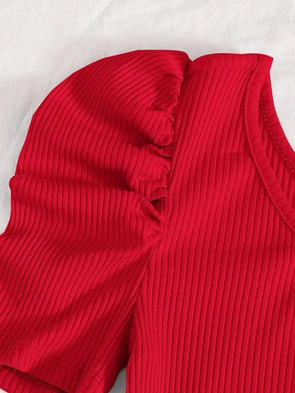 Ribbed Knit One Shoulder Puff Sleeve Plain Bodysuit-Comfy Jumpsuits