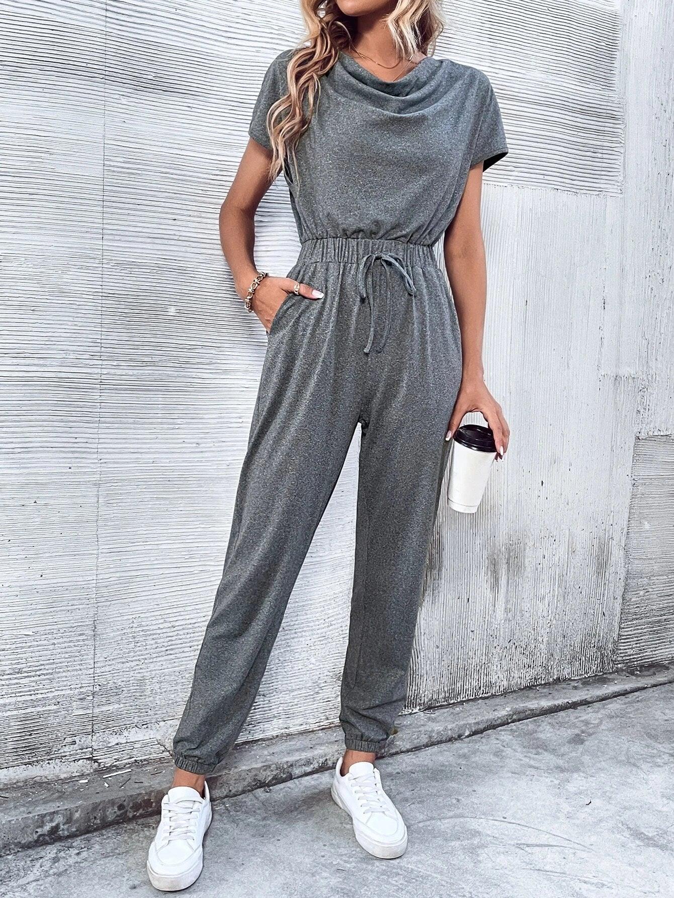 Batwing Sleeved Drawstring Waist Jumpsuit-Comfy Jumpsuits