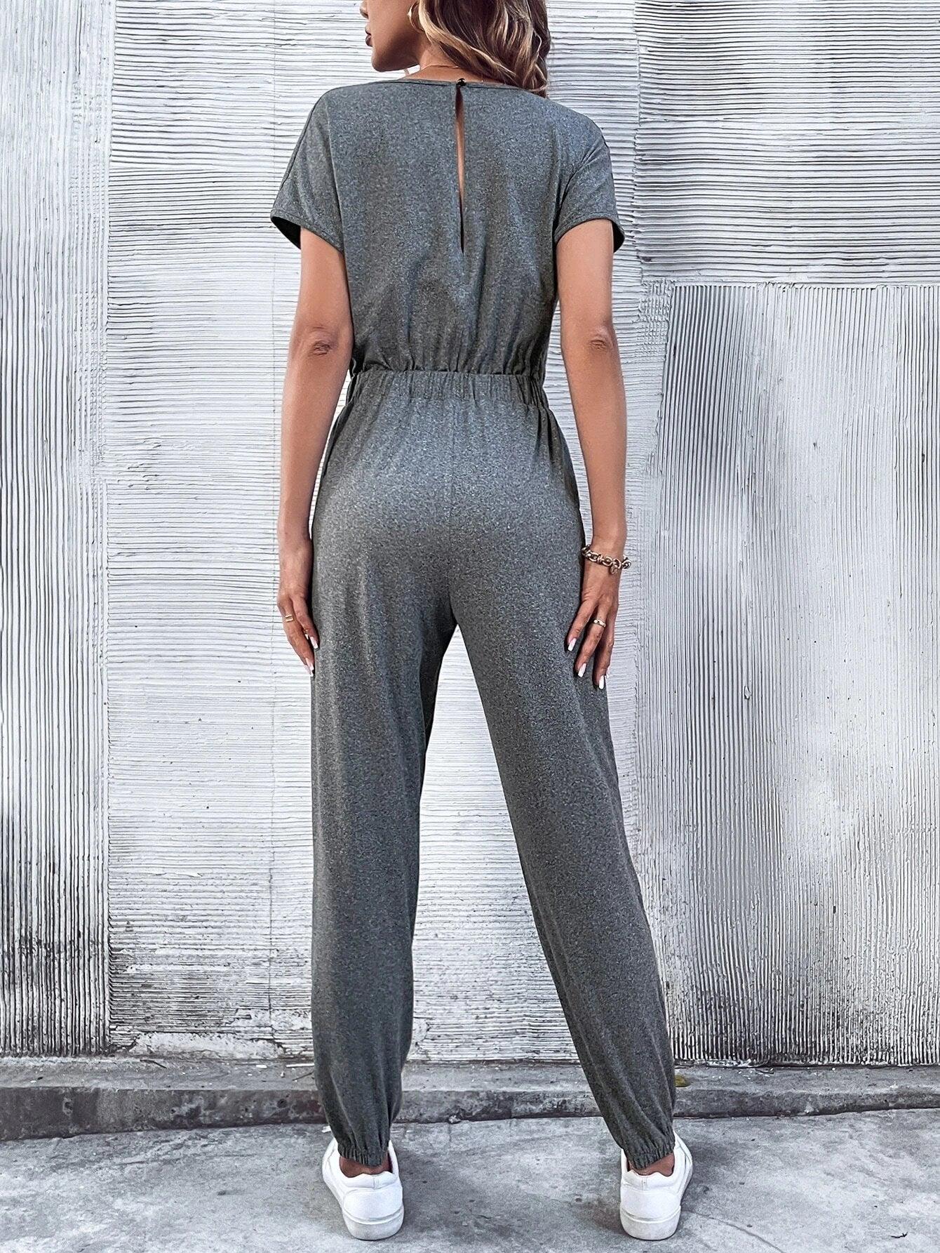 Batwing Sleeved Drawstring Waist Jumpsuit-Comfy Jumpsuits