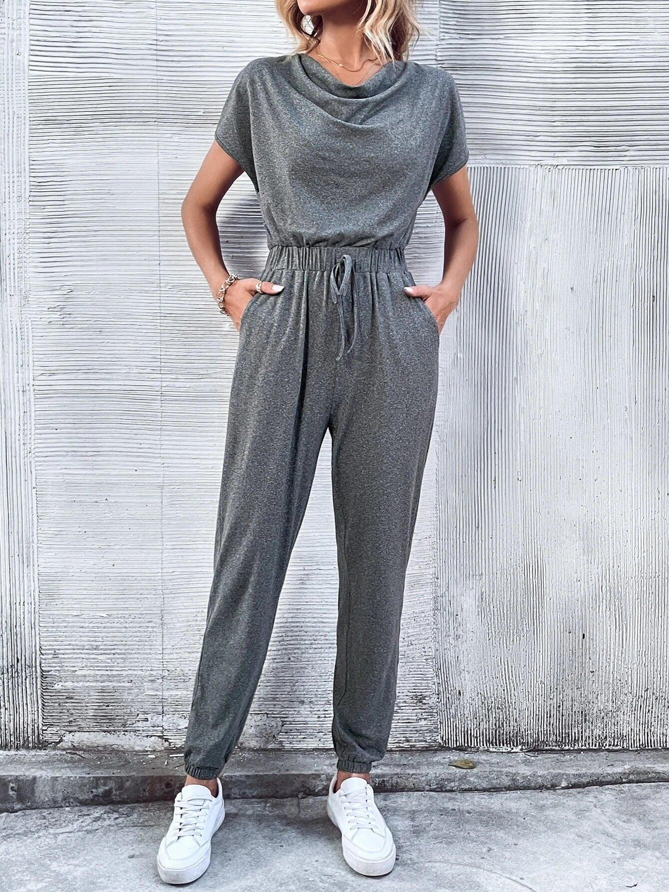Batwing Sleeved Drawstring Waist Jumpsuit-Comfy Jumpsuits