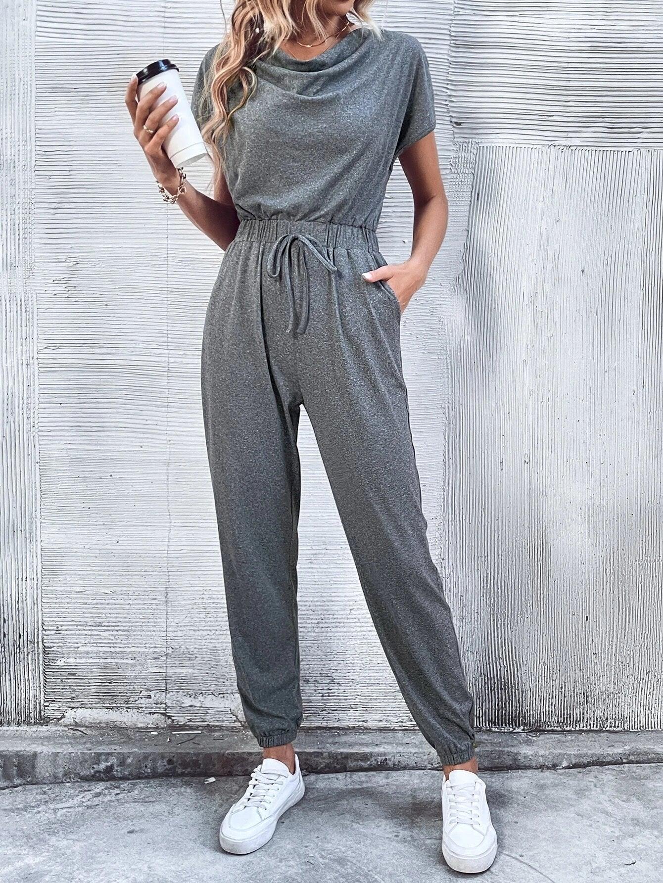 Batwing Sleeved Drawstring Waist Jumpsuit-Comfy Jumpsuits
