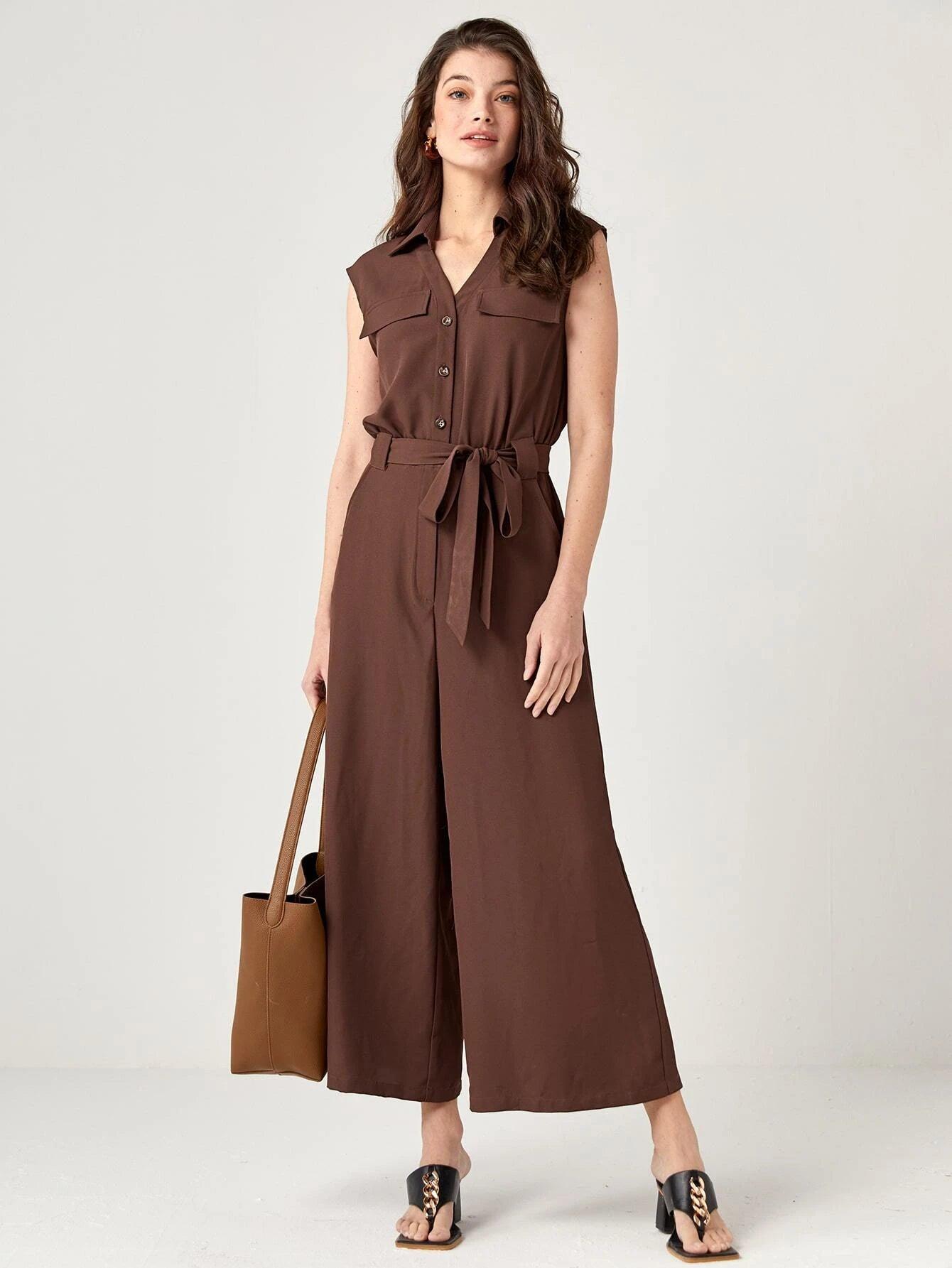 Button Front Belted Wide Leg Jumpsuit-Comfy Jumpsuits