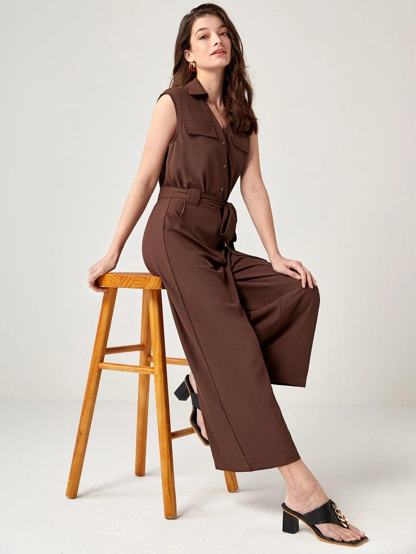 Button Front Belted Wide Leg Jumpsuit-Comfy Jumpsuits