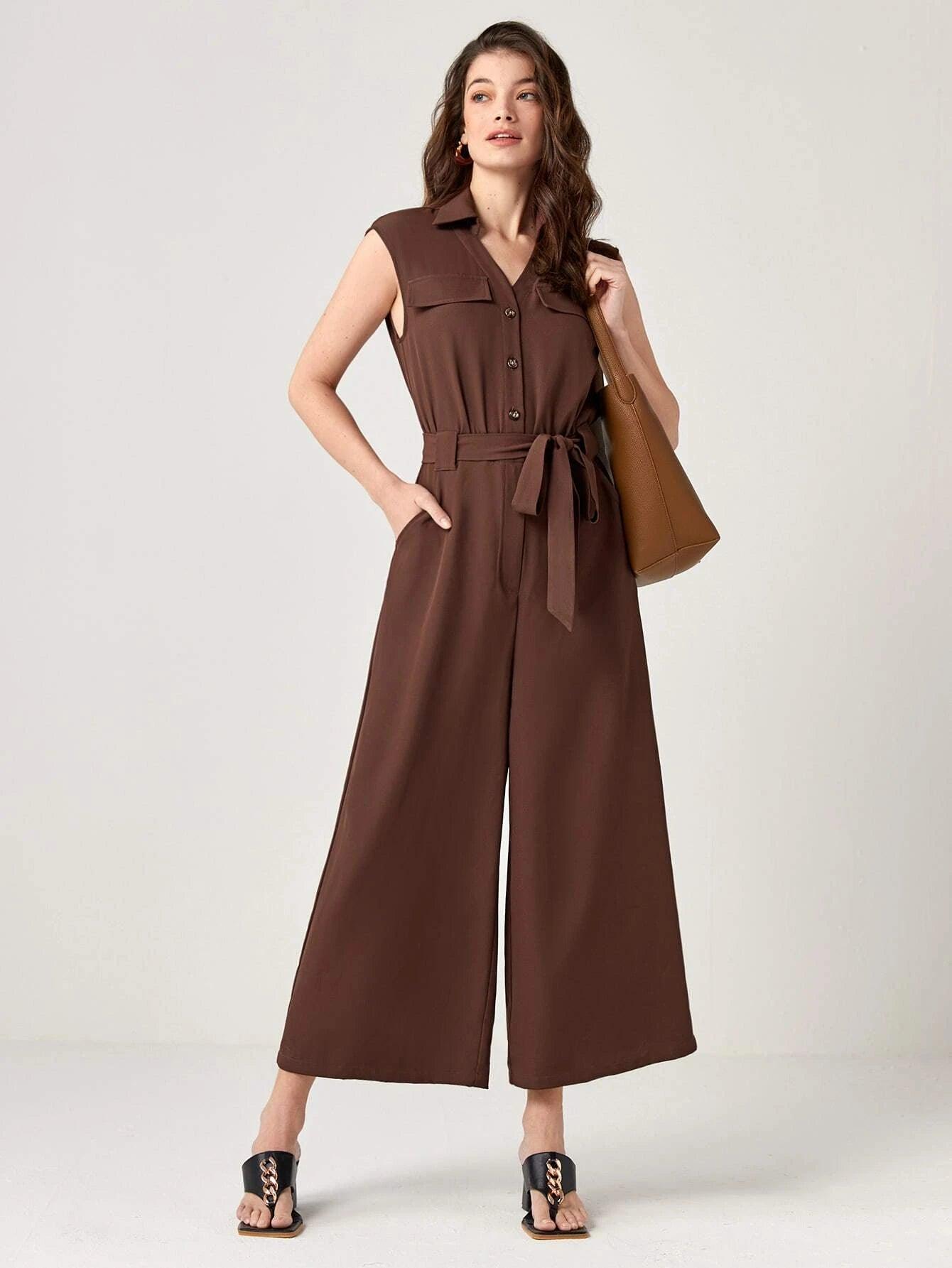 Button Front Belted Wide Leg Jumpsuit-Comfy Jumpsuits