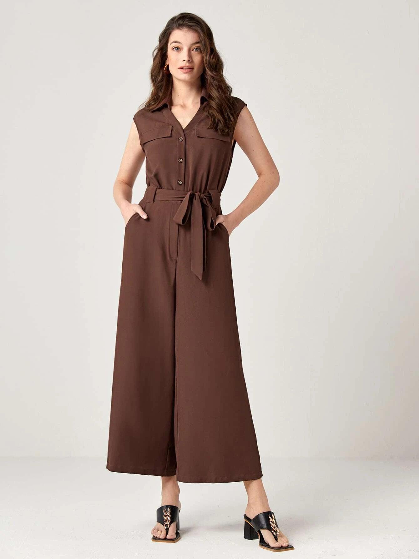 Button Front Belted Wide Leg Jumpsuit-Comfy Jumpsuits