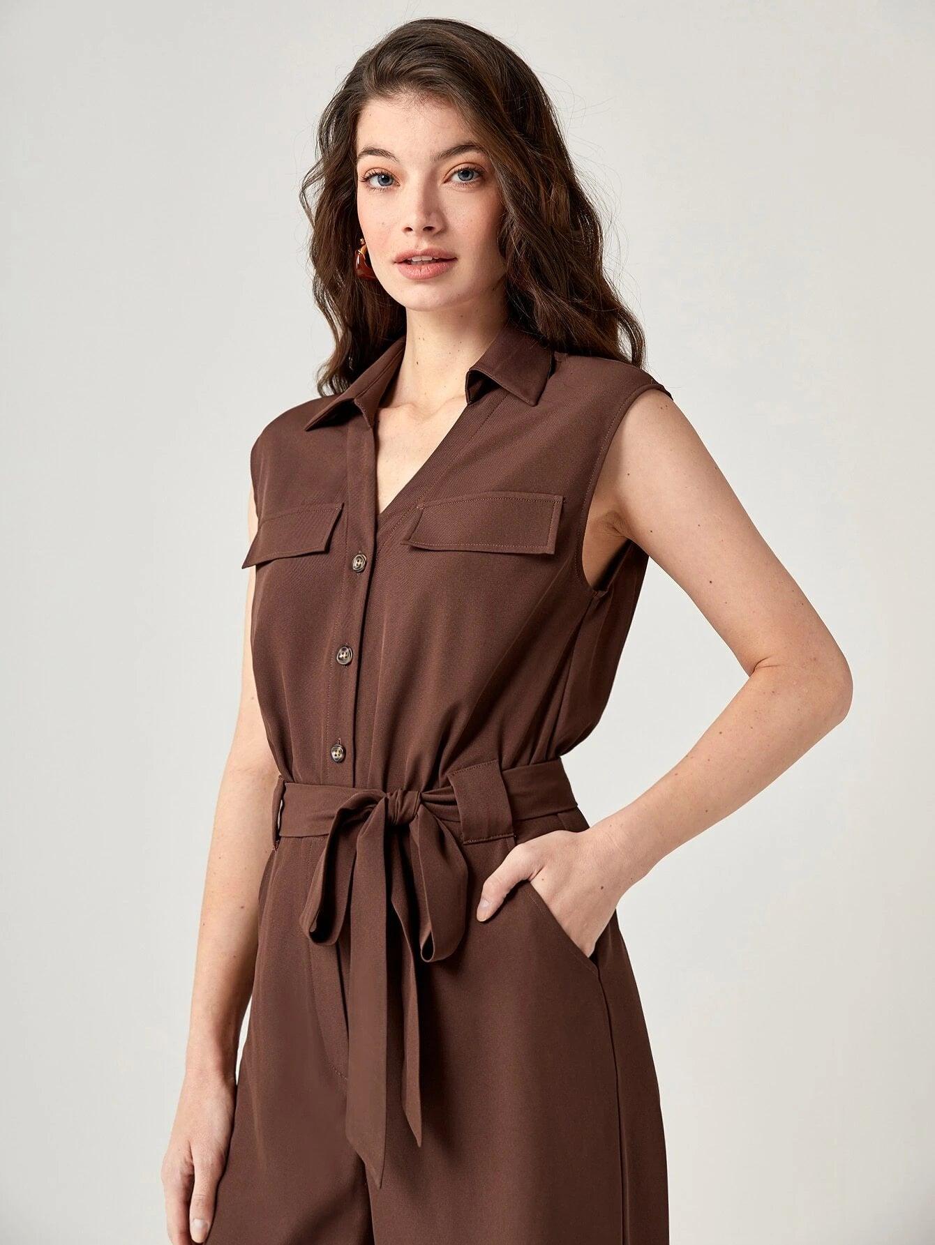 Button Front Belted Wide Leg Jumpsuit-Comfy Jumpsuits