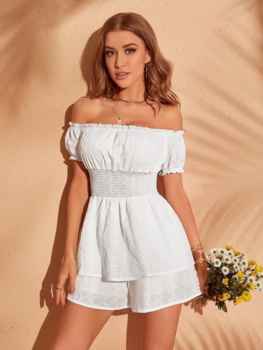 Off Shoulder Frill Trim Schiffy Romper-Comfy Jumpsuits