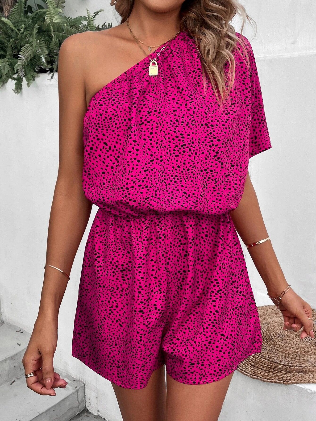 Printed One Shoulder Batwing Sleeve Romper-Comfy Jumpsuits