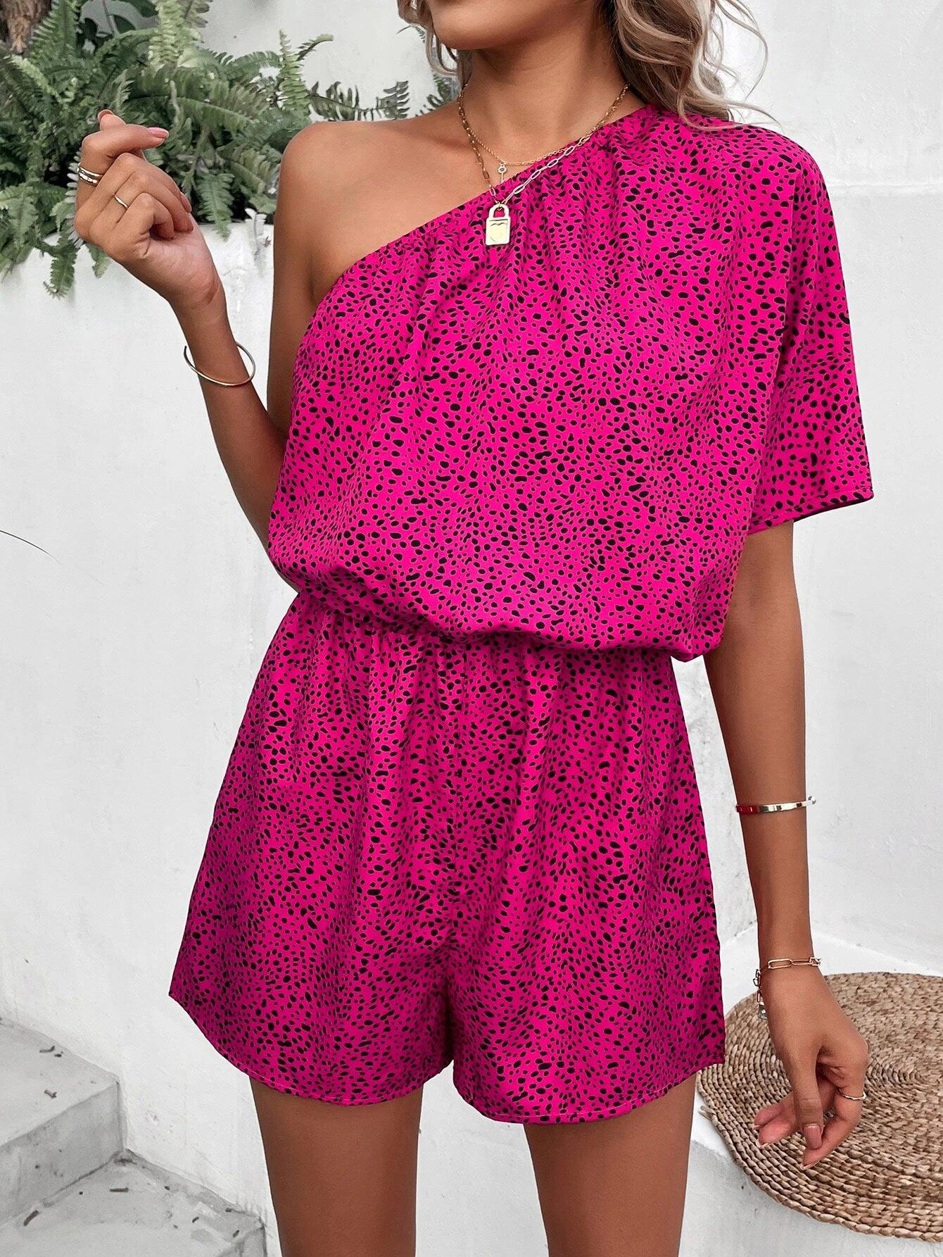 Printed One Shoulder Batwing Sleeve Romper-Comfy Jumpsuits